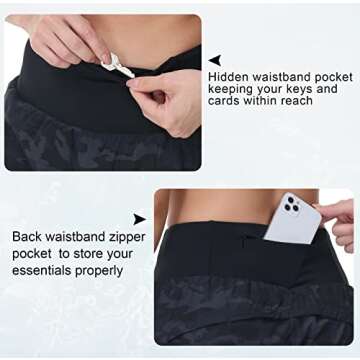 THE GYM PEOPLE Womens High Waisted Running Shorts Quick Dry Athletic Workout Shorts with Mesh Liner Zipper Pockets (Black Grey Camo, Medium)