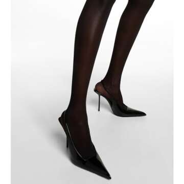 VOLEECE Women's Slingback Stiletto Heels Stretch Strap Slip On Pumps Shoes Pointed Toe Backless Patent Leather Dress High Heels Black