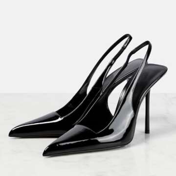 VOLEECE Women's Slingback Stiletto Heels Stretch Strap Slip On Pumps Shoes Pointed Toe Backless Patent Leather Dress High Heels Black