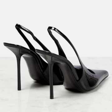 VOLEECE Women's Slingback Stiletto Heels Stretch Strap Slip On Pumps Shoes Pointed Toe Backless Patent Leather Dress High Heels Black