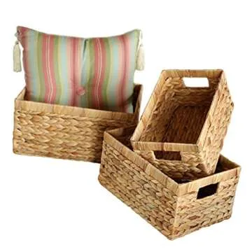JLKIMZVO Water Hyacinth Wicker Baskets for Organizing, Rectangular Wicker Baskets with Built-in Handles 3-Pack