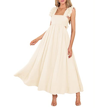 MITILLY Women's Summer Flutter Sleeve Square Neck Tie Back Casual Pleated A-Line Flowy Maxi Dress with Pockets Small Apricot