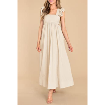MITILLY Women's Summer Flutter Sleeve Square Neck Tie Back Casual Pleated A-Line Flowy Maxi Dress with Pockets Small Apricot