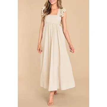 MITILLY Women's Summer Flutter Sleeve Square Neck Tie Back Casual Pleated A-Line Flowy Maxi Dress with Pockets Small Apricot
