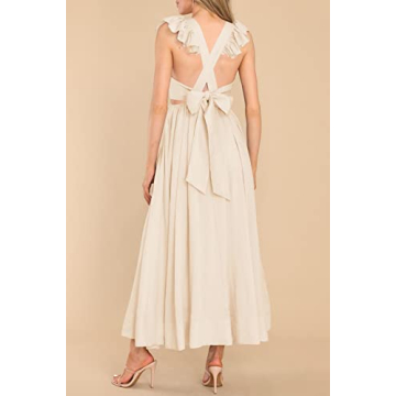 MITILLY Women's Summer Flutter Sleeve Square Neck Tie Back Casual Pleated A-Line Flowy Maxi Dress with Pockets Small Apricot