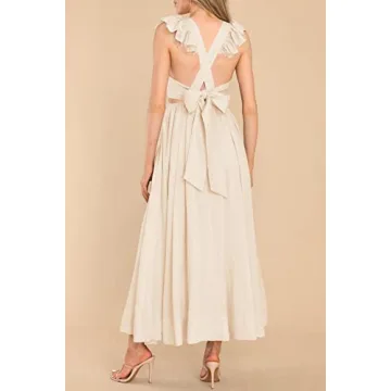 MITILLY Women's Summer Flutter Sleeve Square Neck Tie Back Casual Pleated A-Line Flowy Maxi Dress with Pockets Small Apricot