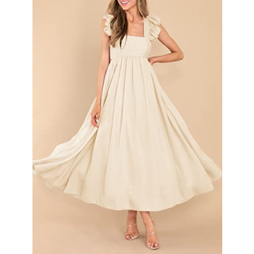 MITILLY Women's Summer Flutter Sleeve Square Neck Tie Back Casual Pleated A-Line Flowy Maxi Dress with Pockets Small Apricot