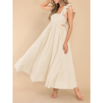 MITILLY Women's Summer Flutter Sleeve Square Neck Tie Back Casual Pleated A-Line Flowy Maxi Dress with Pockets Small Apricot