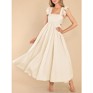 MITILLY Women's Summer Flutter Sleeve Square Neck Tie Back Casual Pleated A-Line Flowy Maxi Dress with Pockets Small Apricot