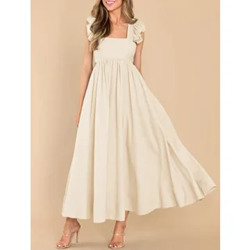 MITILLY Women's Summer Flutter Sleeve Square Neck Tie Back Casual Pleated A-Line Flowy Maxi Dress with Pockets Small Apricot