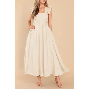 MITILLY Women's Summer Flutter Sleeve Square Neck Tie Back Casual Pleated A-Line Flowy Maxi Dress with Pockets Small Apricot