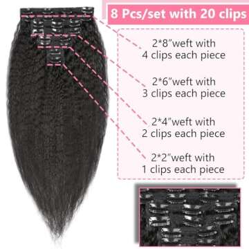 Clip in Hair Extensions Real Human Hair 20 Inch Kinky Straight Clip ins Clip in Hair Extensions Blac...
