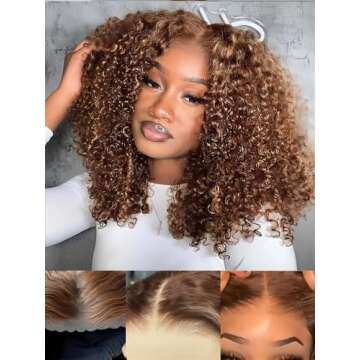 ISEE Wear and Go Glueless Wig Honey Blonde Afro Kinky Curly Lace Front Wigs Human Hair 7x5 HD Lace W...