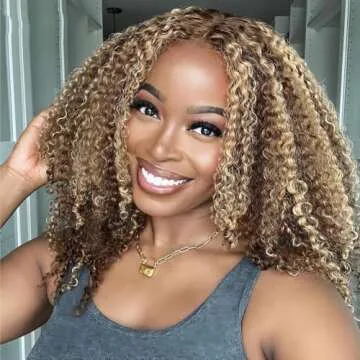 ISEE Wear and Go Glueless Wig Honey Blonde Afro Kinky Curly Lace Front Wigs Human Hair 7x5 HD Lace Wigs for Women Pre Cut Glueless Wigs Human Hair Pre Plucked 16 Inch Highlight Ombre Brown