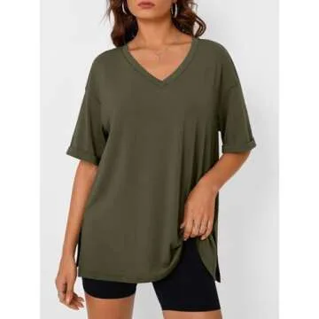 Trendy Queen Oversized Tshirts for Women Workout Plus Size Tops V Neck Short Sleeve Tunic Side Slit ...