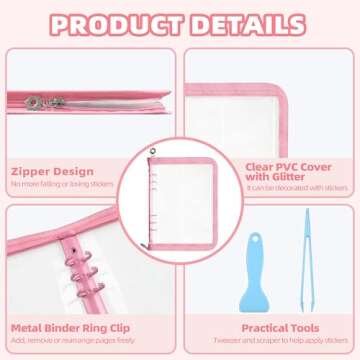 Mlife Sticker Organizer Binder Sticker Storage Organizer Reusable Sticker Book Collecting Album A5 Sticker Collecting Book Clear Sticker Binder Album with Blank Release Paper, Tweezer & Spatula(Pink)