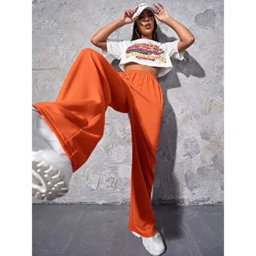 Verdusa Women's Elastic Waist Wide Leg Long Joggers Sweatpants with Pocket