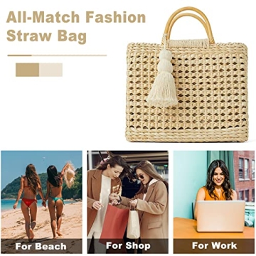 QTKJ Fashion Women Summer Straw Crossbody Bag with Cute Tassels Pendant, Hand-Woven Beach Shoulder Bag with Top Wooden Handle Tote Bag (Beige)