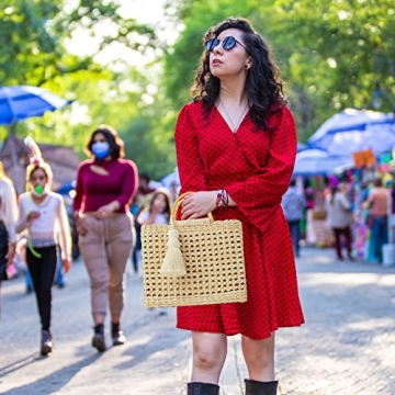 QTKJ Fashion Women Summer Straw Crossbody Bag with Cute Tassels Pendant, Hand-Woven Beach Shoulder Bag with Top Wooden Handle Tote Bag (Beige)