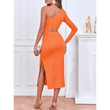 Fisoew One Shoulder Bodycon Dress for Women - Orange