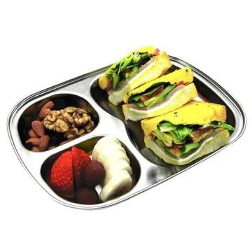 Korean Stainless Steel Divided Plates, Kids Toddlers Babies Tray, BPA Free, Diet Food Control, Camping Dishes, Compact Serving Platter, Dinner Snack, 3 Compartment Plate Silver, Set of 2