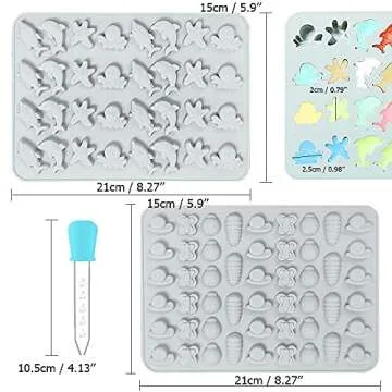 4 pcs Gumdrop Molds with 2 Droppers, CNYMANY 206 Cavities Silicone Animal Fruit Gummy Mold Candy Mold Chocolate Jelly Mould Non-Stick Kitchen Baking Pans Ice Cube Trays - Pink, Gray