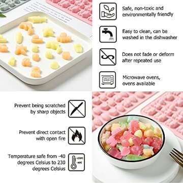 4 pcs Gumdrop Molds with 2 Droppers, CNYMANY 206 Cavities Silicone Animal Fruit Gummy Mold Candy Mold Chocolate Jelly Mould Non-Stick Kitchen Baking Pans Ice Cube Trays - Pink, Gray