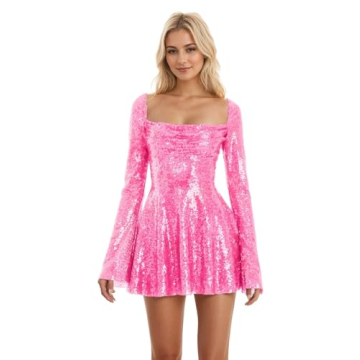 Smileven Bell Long Sleeve Sequin Mini Dress for Teens 2024 – Hot Pink A-Line Backless Homecoming D...