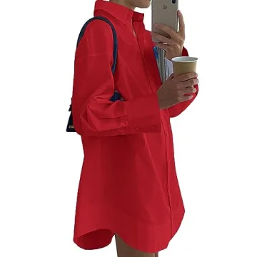 LYANER Stylish Women’s Casual Shirt Dress - V Neck Mini Dress