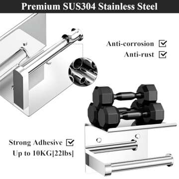 Tindbea Toilet Paper Holder with Phone Shelf + Towel Robe Hooks, Adhesive or Screw Wall Mounted Toilet Paper Roll Storage, Stainless Steel Bathroom Tissue Roll Holder (Polished Chrome)