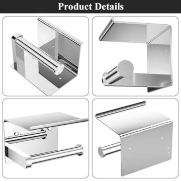 Tindbea Toilet Paper Holder with Phone Shelf + Towel Robe Hooks, Adhesive or Screw Wall Mounted Toilet Paper Roll Storage, Stainless Steel Bathroom Tissue Roll Holder (Polished Chrome)