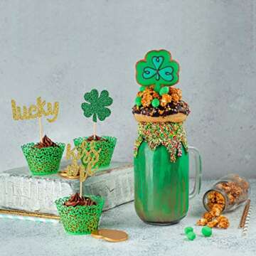 Donoter Glitter Shamrock Cupcake Toppers for St. Patrick's Day