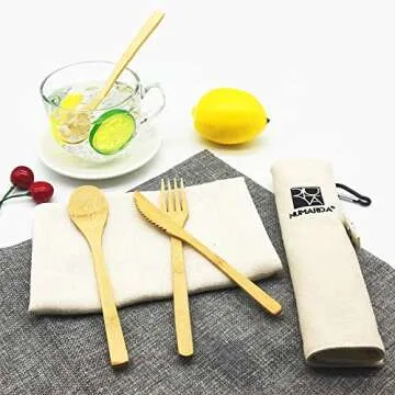 Bamboo Utensils, Eco Friendly Flatware Set, Bamboo Cutlery Set, Bamboo Travel Utensils, Camping Utensils Set, Portable Utensils Set, Knife, Fork, Spoon, Reusable Straws Chopsticks, 7 Pieces,7.9 inch