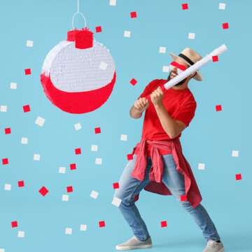 VercanMonth Summer Fishing Bobbers Piñata with Piñata Stick and Blindfold Confetti Set Birthday Piñata for Fishing Fishermen Theme Birthday Party Decors Party Favors Photo Prop Supplies Decorations