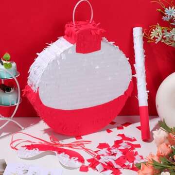 VercanMonth Summer Fishing Bobbers Piñata with Piñata Stick and Blindfold Confetti Set Birthday Piñata for Fishing Fishermen Theme Birthday Party Decors Party Favors Photo Prop Supplies Decorations