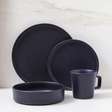 Stone Lain Cleo Modern Stoneware 16-Piece Dinnerware Set, Plates and Bowls Set, Dish Set Service For 4, Dark Blue