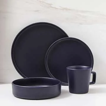Stone Lain Cleo Modern Stoneware 16-Piece Dinnerware Set, Plates and Bowls Set, Dish Set Service For 4, Dark Blue