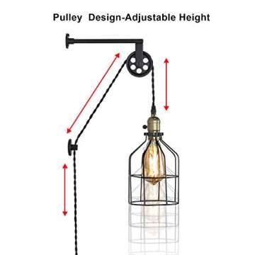 LUSTORM 1 Industrial Wall Sconce Lights Lift Pulley Design Vintage Farmhouse Wall Lamps for Living R...