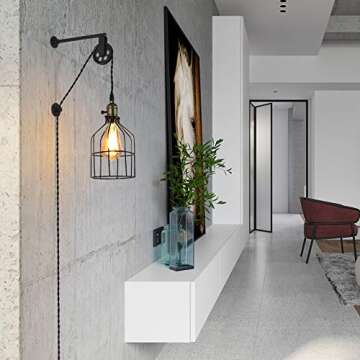LUSTORM 1 Industrial Wall Sconce Lights Lift Pulley Design Vintage Farmhouse Wall Lamps for Living Room Decor, Retro Mounted Fixture with Wheel Pendant Lamp for Bedroom(No Bulb)
