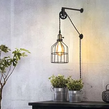 LUSTORM 1 Industrial Wall Sconce Lights Lift Pulley Design Vintage Farmhouse Wall Lamps for Living Room Decor, Retro Mounted Fixture with Wheel Pendant Lamp for Bedroom(No Bulb)