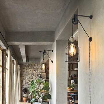 LUSTORM 1 Industrial Wall Sconce Lights Lift Pulley Design Vintage Farmhouse Wall Lamps for Living Room Decor, Retro Mounted Fixture with Wheel Pendant Lamp for Bedroom(No Bulb)