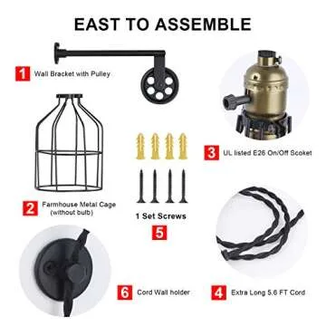LUSTORM 1 Industrial Wall Sconce Lights Lift Pulley Design Vintage Farmhouse Wall Lamps for Living Room Decor, Retro Mounted Fixture with Wheel Pendant Lamp for Bedroom(No Bulb)