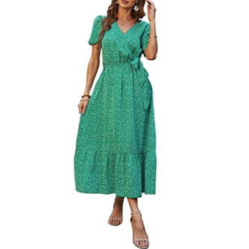 PRETTYGARDEN Women's Summer Floral Boho Dress Wrap V Neck Short Sleeve Ruffle A-Line Flowy Maxi Wedd...