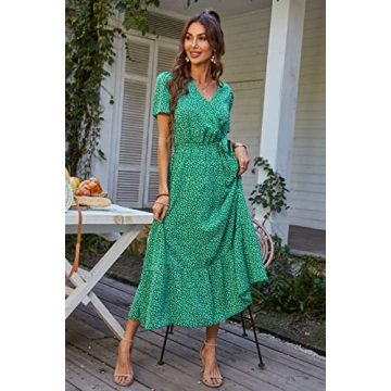 PRETTYGARDEN Women's Summer Floral Boho Dress Wrap V Neck Short Sleeve Ruffle A-Line Flowy Maxi Wedding Guest Dresses (Green Floral,Medium)