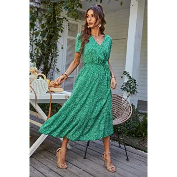 PRETTYGARDEN Women's Summer Floral Boho Dress Wrap V Neck Short Sleeve Ruffle A-Line Flowy Maxi Wedding Guest Dresses (Green Floral,Medium)