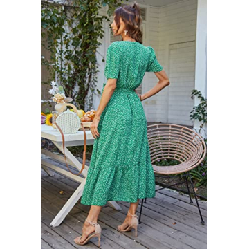 PRETTYGARDEN Women's Summer Floral Boho Dress Wrap V Neck Short Sleeve Ruffle A-Line Flowy Maxi Wedding Guest Dresses (Green Floral,Medium)