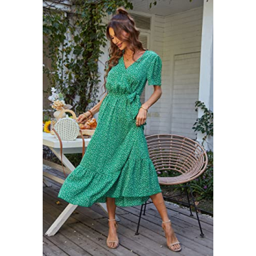 PRETTYGARDEN Women's Summer Floral Boho Dress Wrap V Neck Short Sleeve Ruffle A-Line Flowy Maxi Wedding Guest Dresses (Green Floral,Medium)
