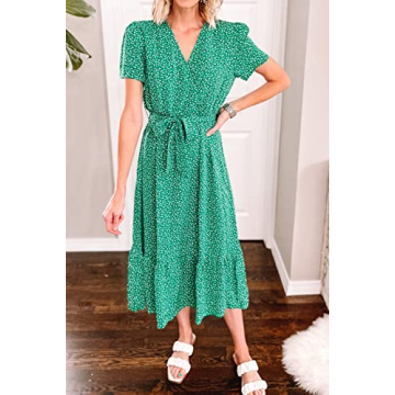 PRETTYGARDEN Women's Summer Floral Boho Dress Wrap V Neck Short Sleeve Ruffle A-Line Flowy Maxi Wedding Guest Dresses (Green Floral,Medium)