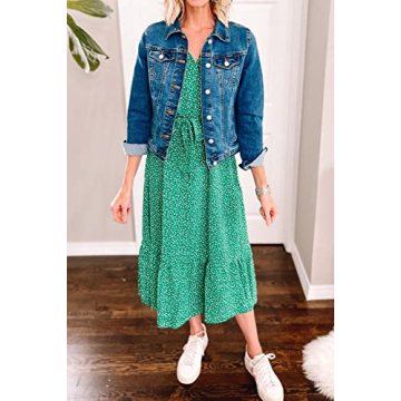 PRETTYGARDEN Women's Summer Floral Boho Dress Wrap V Neck Short Sleeve Ruffle A-Line Flowy Maxi Wedding Guest Dresses (Green Floral,Medium)