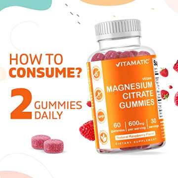Vitamatic Magnesium Gummies 600mg per Serving – 60 Vegan Count for Relaxation, Muscle, Bone, and Energy Support
